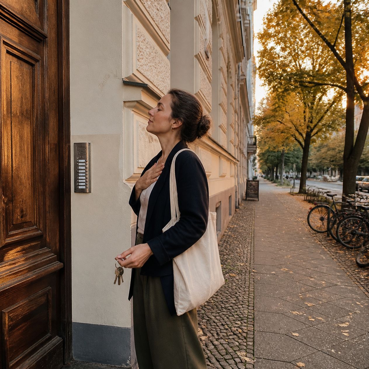 Frau atmet vor der Haustür bewusst durch