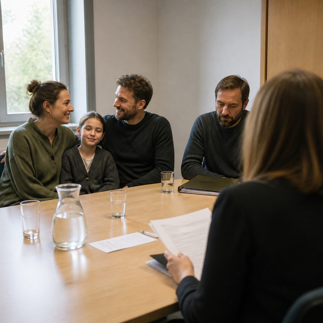 Hilfekonferenz im Jugendamt – Familie und Familienhelfer am Tisch